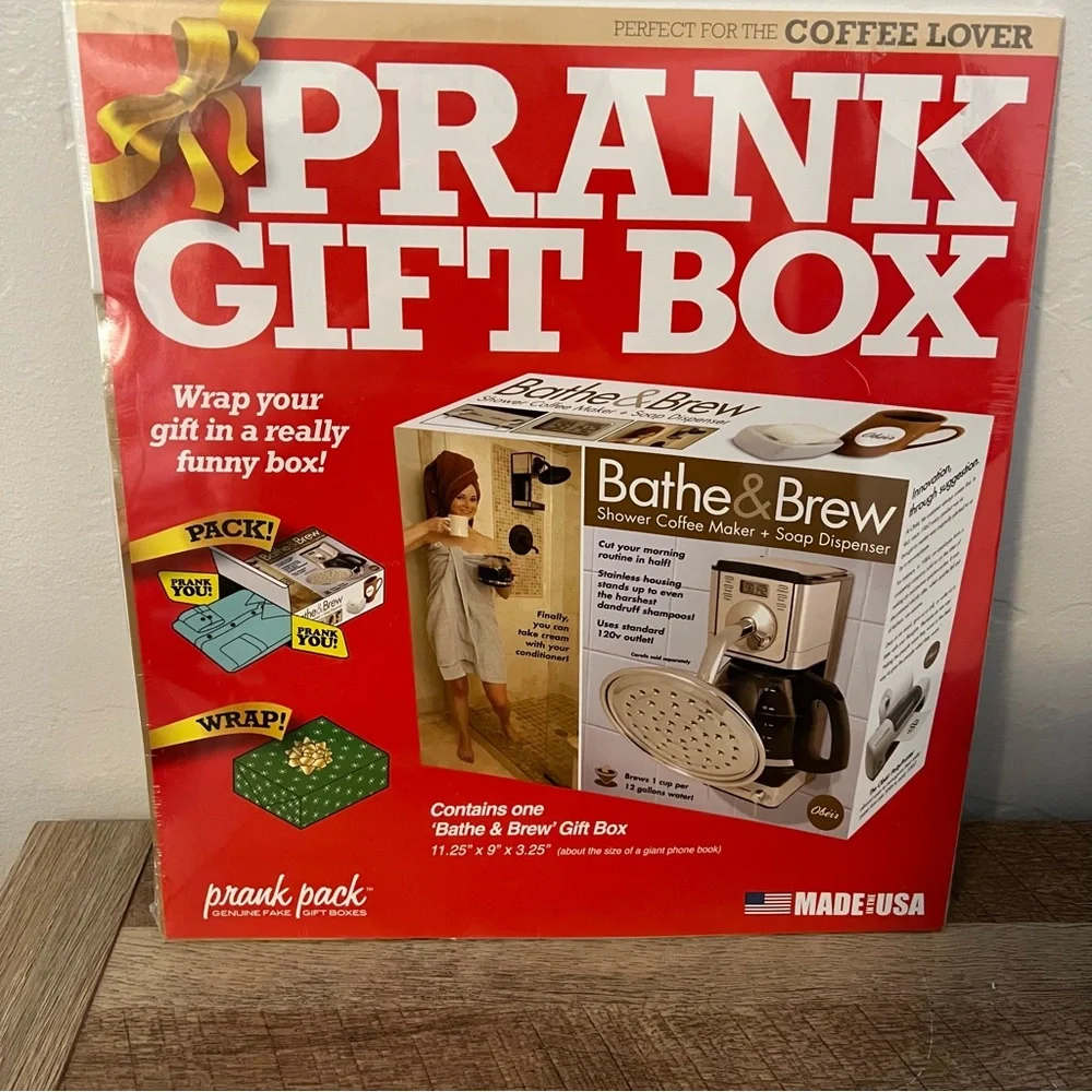 NEW Bathe & Brew Prank Fake Funny COFFEE MAKER SHOWER PARODY Joke Gift Box